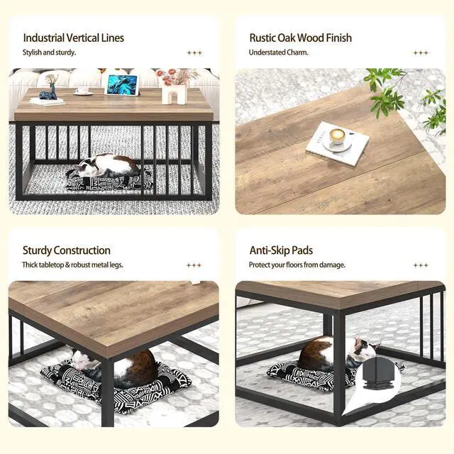 Alt view image 5 of 7 - FOLUBAN Coffee Table, Modern Square Center Table for Living Room, Industrial Rustic Wood and Metal Cocktail Tea Table, 31.5 Inch, Oak