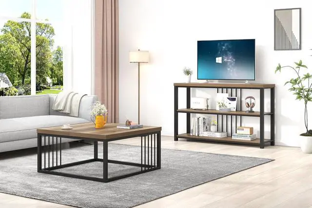 Alt view image 6 of 7 - FOLUBAN Coffee Table, Modern Square Center Table for Living Room, Industrial Rustic Wood and Metal Cocktail Tea Table, 31.5 Inch, Oak