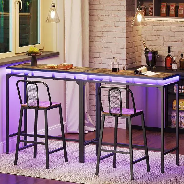 Alt view image 2 of 7 - Bar Table with LED Lights, Counter Height Table, Bar Height Table, Pub Table, Gaming Table, Metal Frame, for Living Room, Dining Room, Pub, Rustic Brown and Black BT01DBR