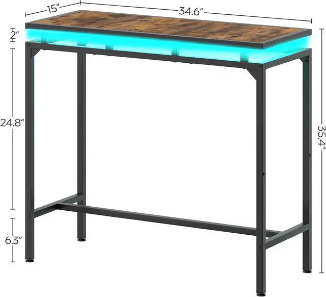 Alt view image 3 of 7 - Bar Table with LED Lights, Counter Height Table, Bar Height Table, Pub Table, Gaming Table, Metal Frame, for Living Room, Dining Room, Pub, Rustic Brown and Black BT01DBR