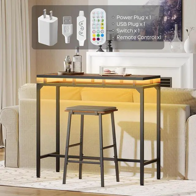 Alt view image 4 of 7 - Bar Table with LED Lights, Counter Height Table, Bar Height Table, Pub Table, Gaming Table, Metal Frame, for Living Room, Dining Room, Pub, Rustic Brown and Black BT01DBR