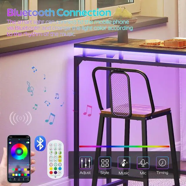 Alt view image 5 of 7 - Bar Table with LED Lights, Counter Height Table, Bar Height Table, Pub Table, Gaming Table, Metal Frame, for Living Room, Dining Room, Pub, Rustic Brown and Black BT01DBR