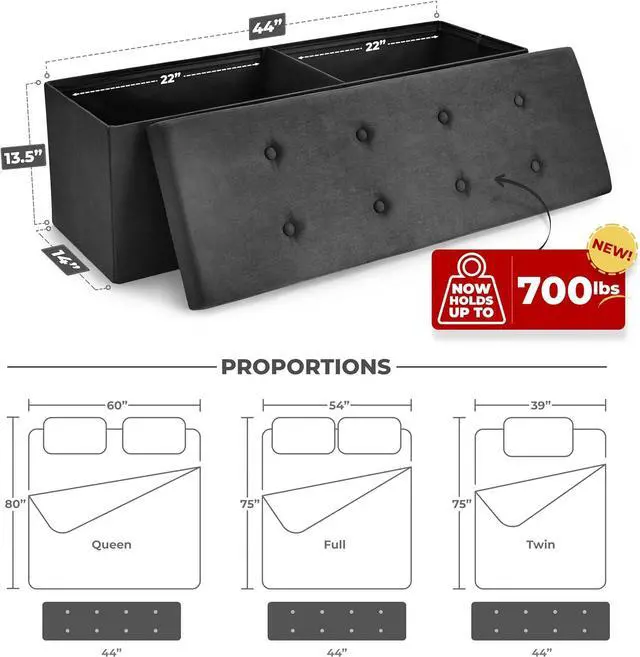 Alt view image 3 of 7 - Sorbus Storage Ottoman Bench  for Living Room, Hallway, End of Bed, Bedroom Bench 43 in Large Folding Chest Seat Trunk w/Cover  Blankets, Coffee Table, Foot Rest Tufted Velvet Linen Fabric (Black)