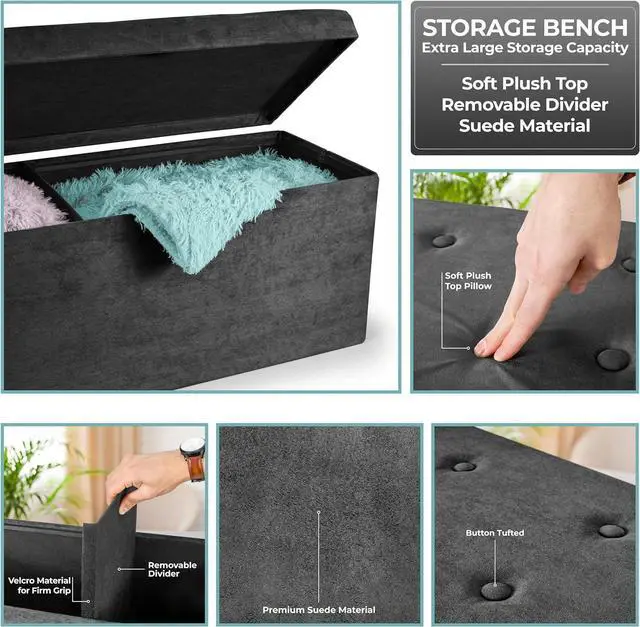 Alt view image 6 of 7 - Sorbus Storage Ottoman Bench  for Living Room, Hallway, End of Bed, Bedroom Bench 43 in Large Folding Chest Seat Trunk w/Cover  Blankets, Coffee Table, Foot Rest Tufted Velvet Linen Fabric (Black)