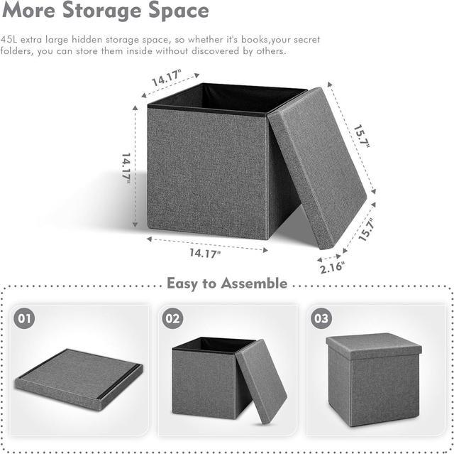 Alt view image 3 of 7 - B FSOBEIIALEO Storage Ottoman with Tray, Linen Small Coffee Table Folding Foot Rest Seat Cube, Dark Grey 16"X15.7"x15" Double (2 Pack)