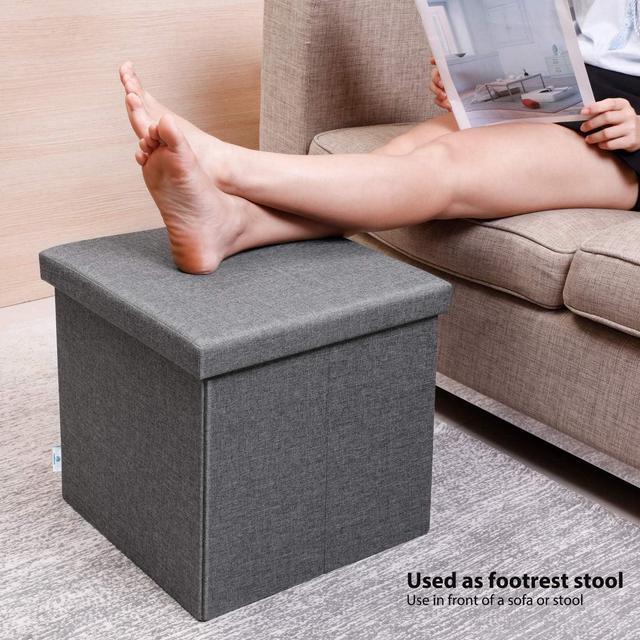 Alt view image 2 of 7 - B FSOBEIIALEO Storage Ottoman with Tray, Linen Small Coffee Table Folding Foot Rest Seat Cube, Dark Grey 16"X15.7"x15" Double (2 Pack)