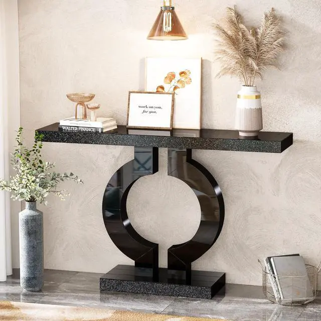 Alt view image 3 of 7 - Tribesigns 43-Inch Mirrored Console Table with O-Shaped Base, Modern Entryway Table Glass Sofa Table with Mirror Finish, Rectangle Narrow Accent Foyer Table for Living Room Hallway Entrance (Black)