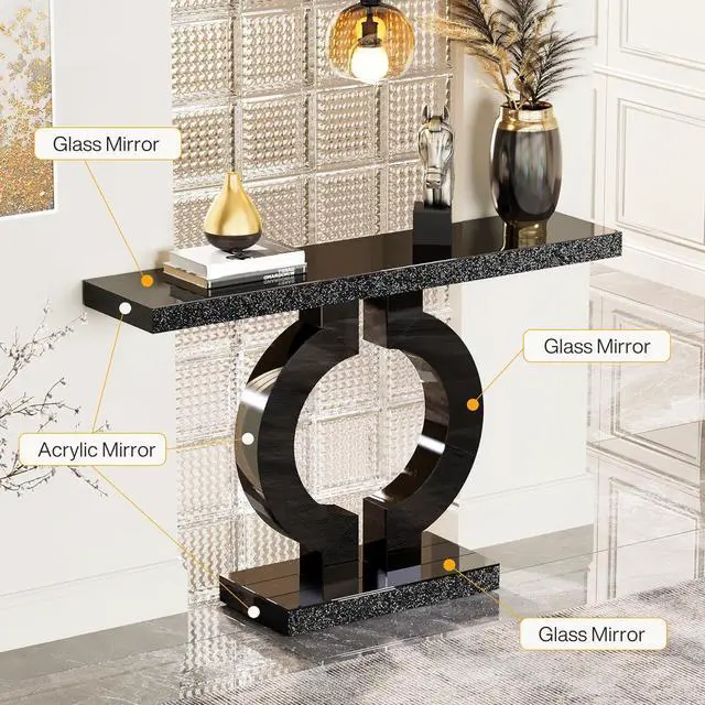 Alt view image 4 of 7 - Tribesigns 43-Inch Mirrored Console Table with O-Shaped Base, Modern Entryway Table Glass Sofa Table with Mirror Finish, Rectangle Narrow Accent Foyer Table for Living Room Hallway Entrance (Black)