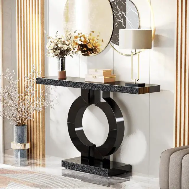 Alt view image 6 of 7 - Tribesigns 43-Inch Mirrored Console Table with O-Shaped Base, Modern Entryway Table Glass Sofa Table with Mirror Finish, Rectangle Narrow Accent Foyer Table for Living Room Hallway Entrance (Black)