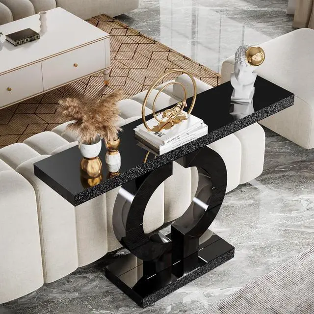 Alt view image 7 of 7 - Tribesigns 43-Inch Mirrored Console Table with O-Shaped Base, Modern Entryway Table Glass Sofa Table with Mirror Finish, Rectangle Narrow Accent Foyer Table for Living Room Hallway Entrance (Black)