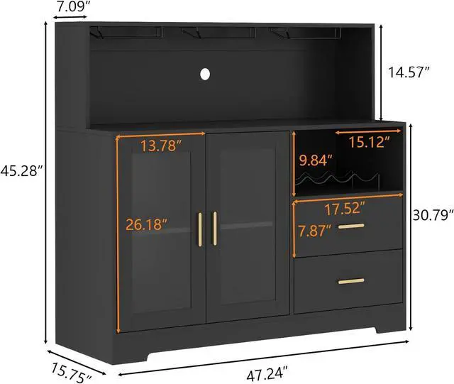 Alt view image 2 of 7 - Bar Cabinet for Home with LED Light, Coffee Bar Cabinet with Wine & Glass Rack, Wine Cabinets with Drawers & Microwave Stand, Modern Liquor Cabinets for Kitchen, Living Room, Dining Room (Black)