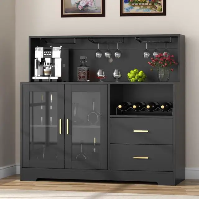 Alt view image 3 of 7 - Bar Cabinet for Home with LED Light, Coffee Bar Cabinet with Wine & Glass Rack, Wine Cabinets with Drawers & Microwave Stand, Modern Liquor Cabinets for Kitchen, Living Room, Dining Room (Black)