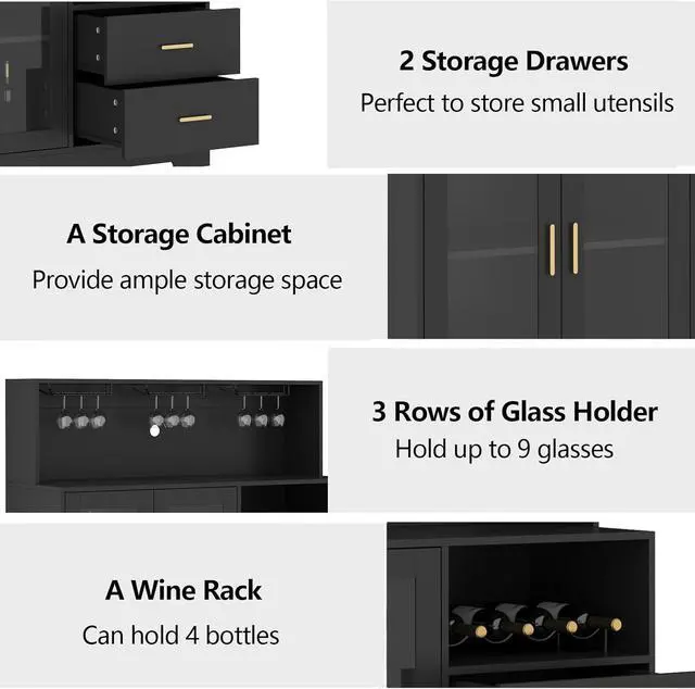 Alt view image 4 of 7 - Bar Cabinet for Home with LED Light, Coffee Bar Cabinet with Wine & Glass Rack, Wine Cabinets with Drawers & Microwave Stand, Modern Liquor Cabinets for Kitchen, Living Room, Dining Room (Black)