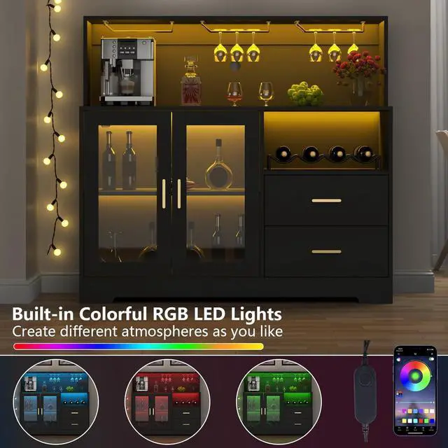 Alt view image 5 of 7 - Bar Cabinet for Home with LED Light, Coffee Bar Cabinet with Wine & Glass Rack, Wine Cabinets with Drawers & Microwave Stand, Modern Liquor Cabinets for Kitchen, Living Room, Dining Room (Black)