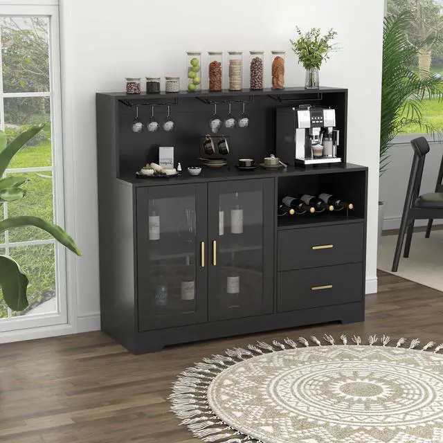 Alt view image 7 of 7 - Bar Cabinet for Home with LED Light, Coffee Bar Cabinet with Wine & Glass Rack, Wine Cabinets with Drawers & Microwave Stand, Modern Liquor Cabinets for Kitchen, Living Room, Dining Room (Black)