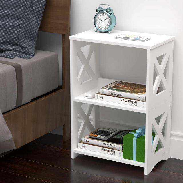 Alt view image 3 of 5 - Side Table, Narrow End Table with Storage Shelf, Minimalist Bedside Tables Nightstand, Small Bookshelf Bookcase, Bathroom Shelves, Display Rack for Bedroom, Living Room, Office, White.
