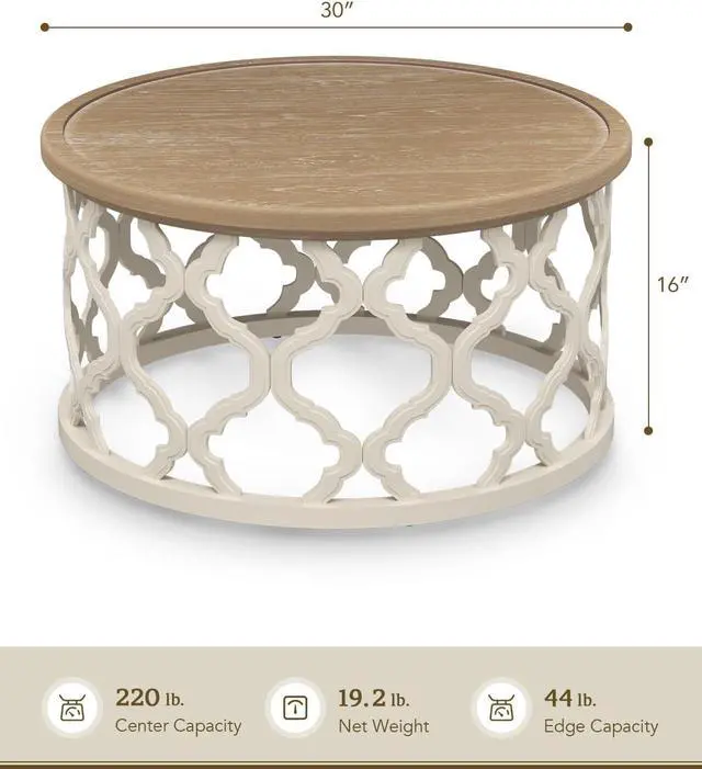 Alt view image 2 of 7 - VONLUCE Farmhouse Coffee Table,30'' Round French Country Coffee Table,Distressed Wood Tray Top Vintage Coffee Table with Storage Shelf for Living Room Dining Room Bedroom,Small Space,Beige