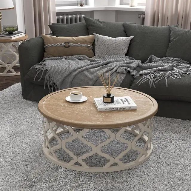 Main image of VONLUCE Farmhouse Coffee Table,30'' Round French Country Coffee Table,Distressed Wood Tray Top Vintage Coffee Table with Storage Shelf for Living Room Dining Room Bedroom,Small Space,Beige