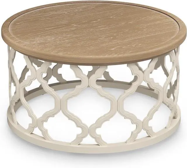 Alt view image 3 of 7 - VONLUCE Farmhouse Coffee Table,30'' Round French Country Coffee Table,Distressed Wood Tray Top Vintage Coffee Table with Storage Shelf for Living Room Dining Room Bedroom,Small Space,Beige