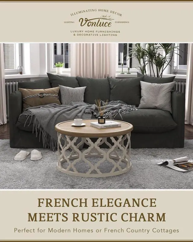 Alt view image 4 of 7 - VONLUCE Farmhouse Coffee Table,30'' Round French Country Coffee Table,Distressed Wood Tray Top Vintage Coffee Table with Storage Shelf for Living Room Dining Room Bedroom,Small Space,Beige