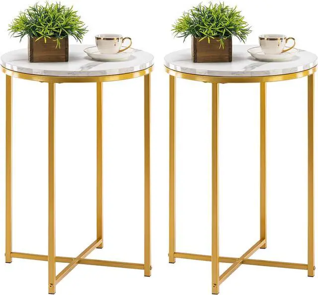 Main image of TECHMILLY Round End Table, Faux Marble Sofa Table, Accent Side Table with Metal Frame, Modern Gold Nightstand, Tall Coffee Table for Living Room, Bedroom-2 Packs