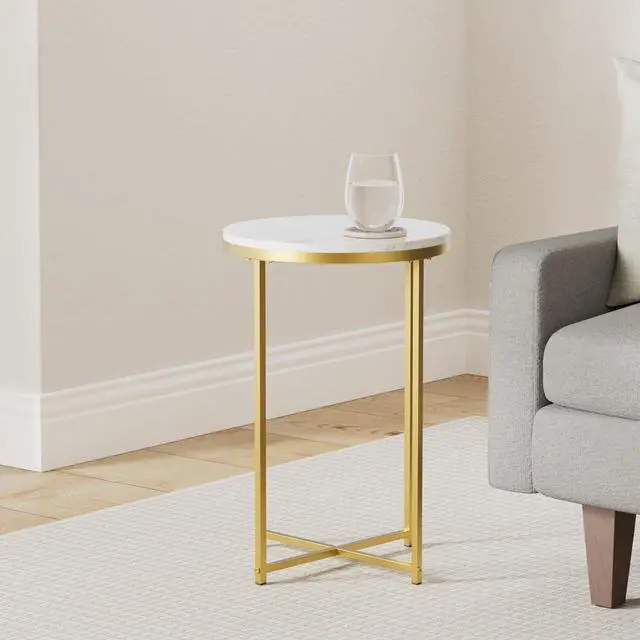Alt view image 2 of 7 - TECHMILLY Round End Table, Faux Marble Sofa Table, Accent Side Table with Metal Frame, Modern Gold Nightstand, Tall Coffee Table for Living Room, Bedroom-2 Packs