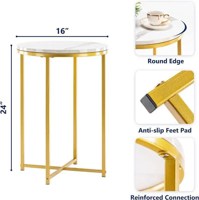 Alt view image 3 of 7 - TECHMILLY Round End Table, Faux Marble Sofa Table, Accent Side Table with Metal Frame, Modern Gold Nightstand, Tall Coffee Table for Living Room, Bedroom-2 Packs