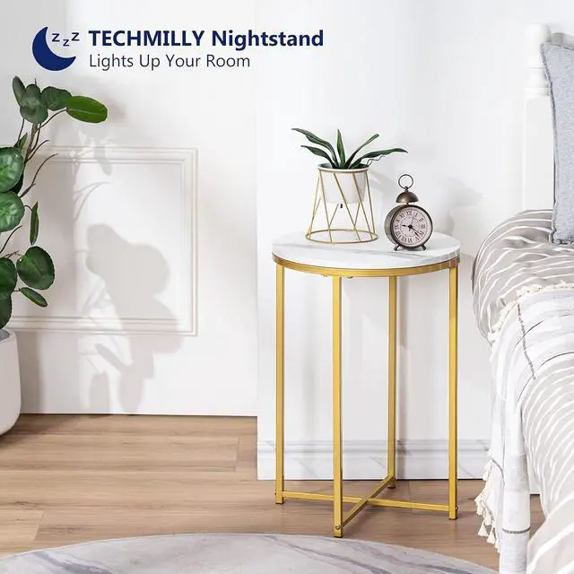 Alt view image 4 of 7 - TECHMILLY Round End Table, Faux Marble Sofa Table, Accent Side Table with Metal Frame, Modern Gold Nightstand, Tall Coffee Table for Living Room, Bedroom-2 Packs