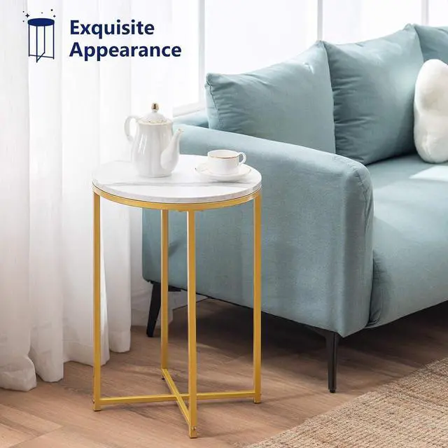 Alt view image 6 of 7 - TECHMILLY Round End Table, Faux Marble Sofa Table, Accent Side Table with Metal Frame, Modern Gold Nightstand, Tall Coffee Table for Living Room, Bedroom-2 Packs