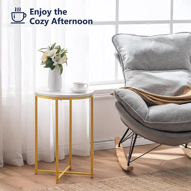 Alt view image 7 of 7 - TECHMILLY Round End Table, Faux Marble Sofa Table, Accent Side Table with Metal Frame, Modern Gold Nightstand, Tall Coffee Table for Living Room, Bedroom-2 Packs