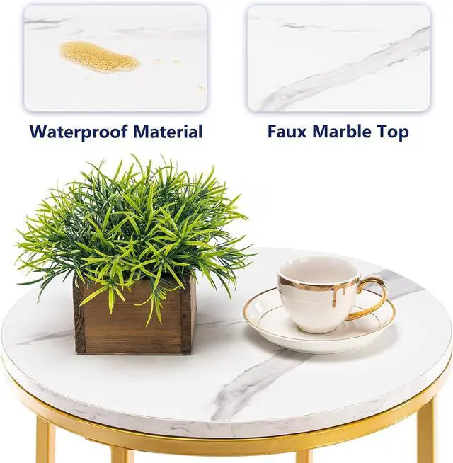 Alt view image 5 of 7 - TECHMILLY Round End Table, Faux Marble Sofa Table, Accent Side Table with Metal Frame, Modern Gold Nightstand, Tall Coffee Table for Living Room, Bedroom-2 Packs
