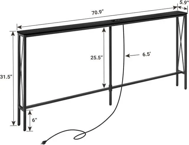 Alt view image 3 of 6 - ELYKEN 5.9" Narrow Console Sofa Table with Power Outlets, 5.9" Dx70.9 Wx31.5 H Long Skinny Behind Couch Table with Charge Station and 6.5'Extension Cord, Black