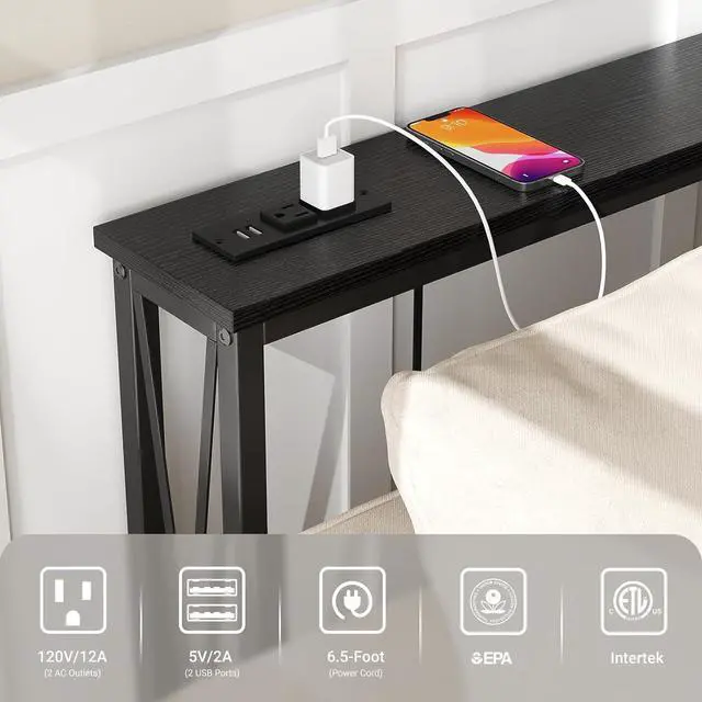 Alt view image 5 of 6 - ELYKEN 5.9" Narrow Console Sofa Table with Power Outlets, 5.9" Dx70.9 Wx31.5 H Long Skinny Behind Couch Table with Charge Station and 6.5'Extension Cord, Black