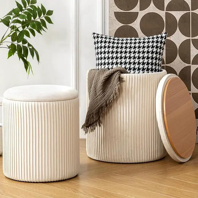 Main image of Ottoman with Storage Set of 2, Velvet Round Storage Ottoman, Upholstered Sponge Vanity Stool Support 300lbs, Multifunctional Coffee Table Foot Rest Ottoman for Living Room Bedroom, Beige