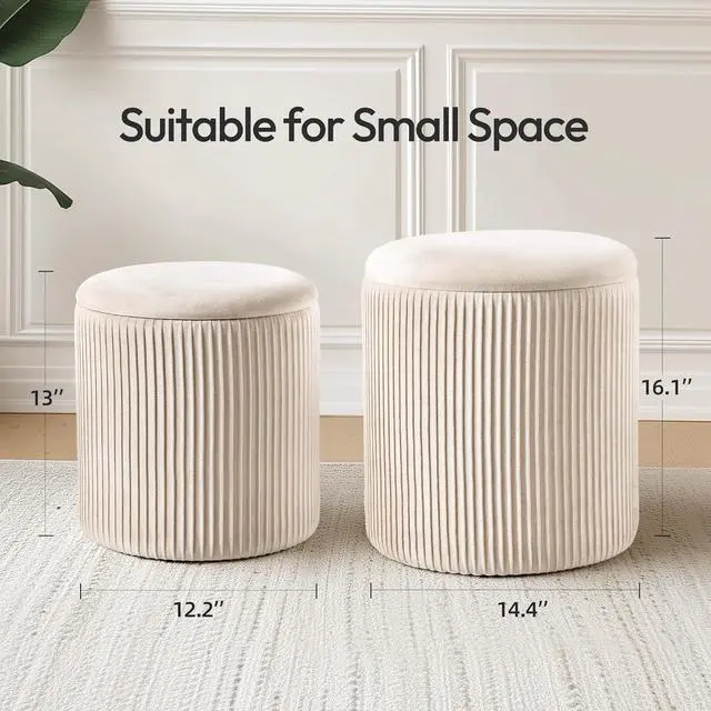 Alt view image 3 of 7 - Ottoman with Storage Set of 2, Velvet Round Storage Ottoman, Upholstered Sponge Vanity Stool Support 300lbs, Multifunctional Coffee Table Foot Rest Ottoman for Living Room Bedroom, Beige