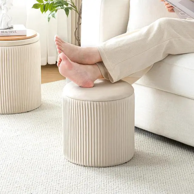 Alt view image 4 of 7 - Ottoman with Storage Set of 2, Velvet Round Storage Ottoman, Upholstered Sponge Vanity Stool Support 300lbs, Multifunctional Coffee Table Foot Rest Ottoman for Living Room Bedroom, Beige