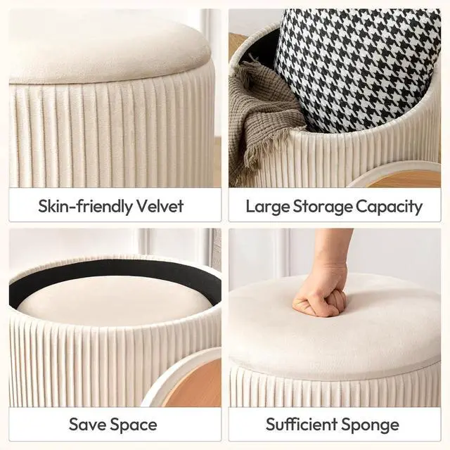 Alt view image 6 of 7 - Ottoman with Storage Set of 2, Velvet Round Storage Ottoman, Upholstered Sponge Vanity Stool Support 300lbs, Multifunctional Coffee Table Foot Rest Ottoman for Living Room Bedroom, Beige