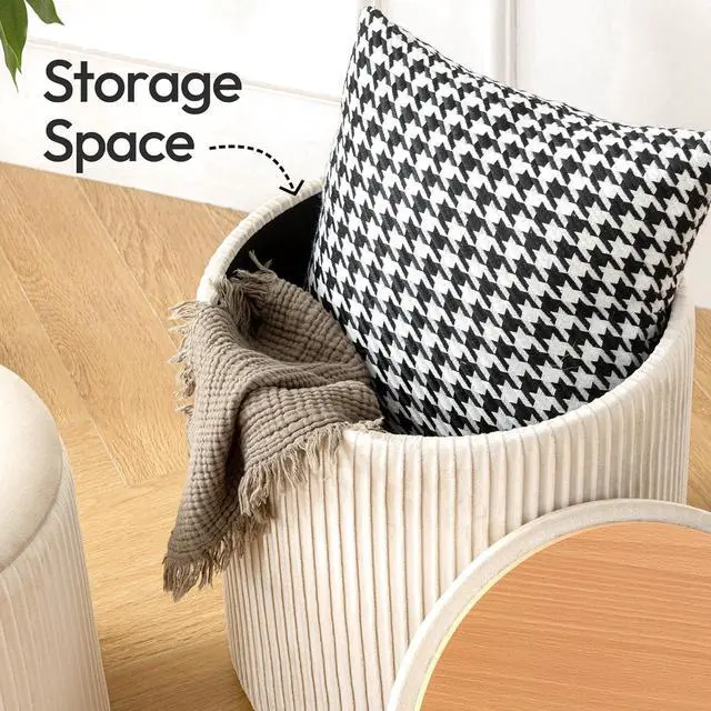 Alt view image 5 of 7 - Ottoman with Storage Set of 2, Velvet Round Storage Ottoman, Upholstered Sponge Vanity Stool Support 300lbs, Multifunctional Coffee Table Foot Rest Ottoman for Living Room Bedroom, Beige