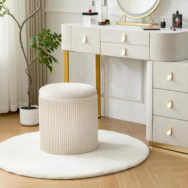 Alt view image 7 of 7 - Ottoman with Storage Set of 2, Velvet Round Storage Ottoman, Upholstered Sponge Vanity Stool Support 300lbs, Multifunctional Coffee Table Foot Rest Ottoman for Living Room Bedroom, Beige