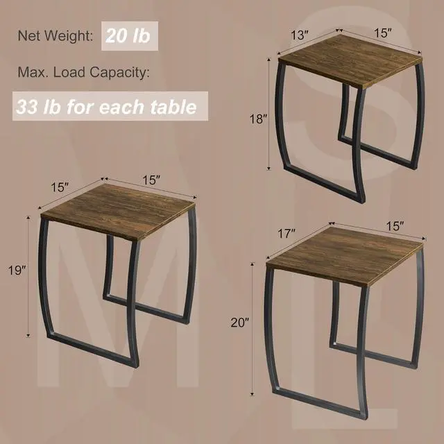 Alt view image 3 of 6 - SRIWATANA Nesting Tables, Vintage Side End Tables Living Room, Coffee Snack Table Set of 3