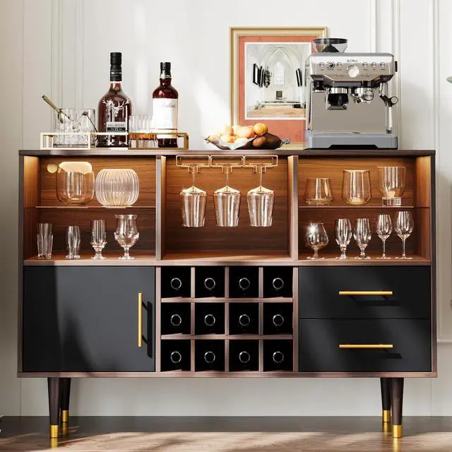 Main image of Bar Cabinet, 47 inch Walnut - Modern Cabinet with LED Light Charging Station, Buffet Table, Coffee Bar & Storage for Home Bar