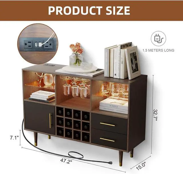 Alt view image 2 of 7 - Bar Cabinet, 47 inch Walnut - Modern Cabinet with LED Light Charging Station, Buffet Table, Coffee Bar & Storage for Home Bar