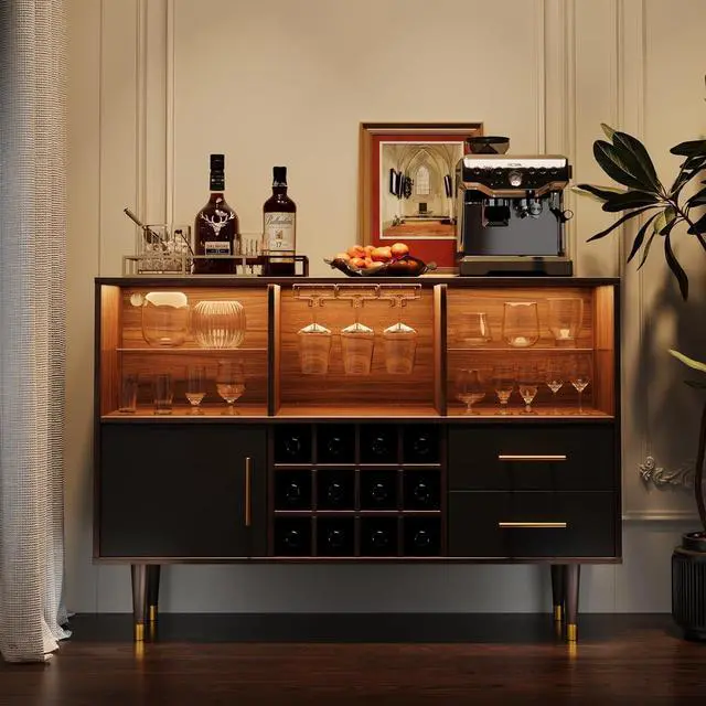Alt view image 3 of 7 - Bar Cabinet, 47 inch Walnut - Modern Cabinet with LED Light Charging Station, Buffet Table, Coffee Bar & Storage for Home Bar