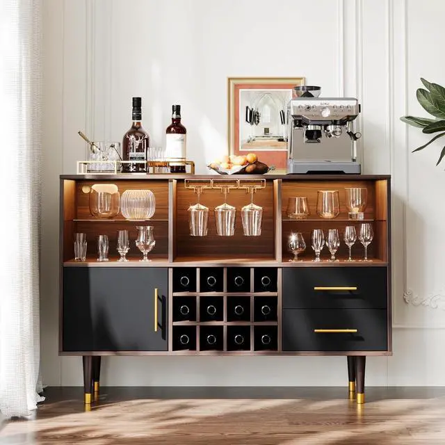 Alt view image 7 of 7 - Bar Cabinet, 47 inch Walnut - Modern Cabinet with LED Light Charging Station, Buffet Table, Coffee Bar & Storage for Home Bar