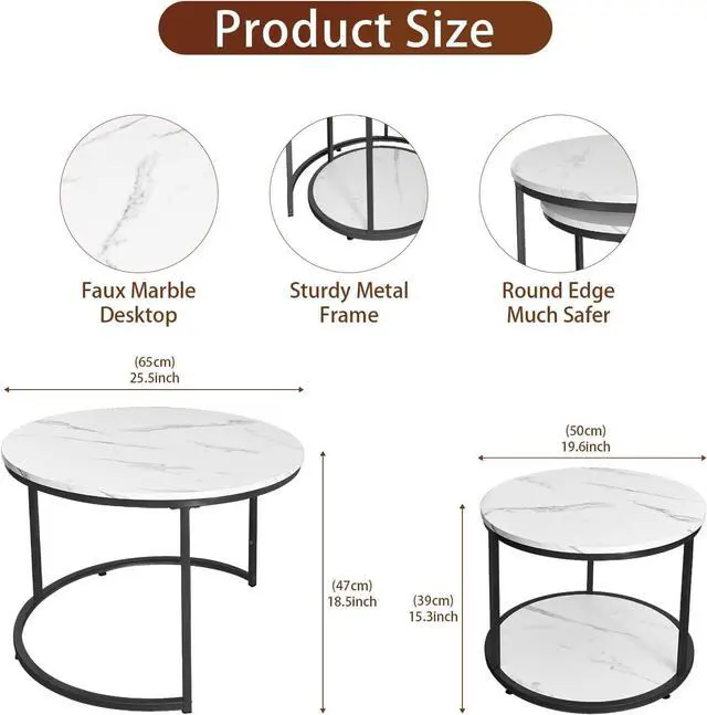 Alt view image 3 of 7 - AT-VALY Coffee Table Set of 2 Nesting Tables,Round Side Table for Living Room, Small Accent Table with Storage (Black)