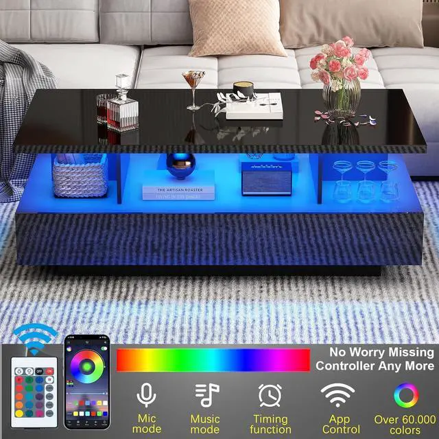 Alt view image 3 of 7 - 43in Large LED Coffee Table w/ 2 Big Storage Drawers,60,000-color Lights,App Control,High Glossy Modern Black Coffee Table,Rectangle 2-Tier Center Table w/Display Shelf for Living Room
