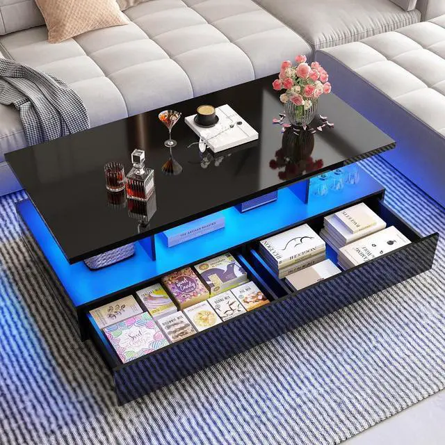 Alt view image 5 of 7 - 43in Large LED Coffee Table w/ 2 Big Storage Drawers,60,000-color Lights,App Control,High Glossy Modern Black Coffee Table,Rectangle 2-Tier Center Table w/Display Shelf for Living Room