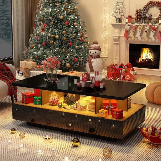 Alt view image 6 of 7 - 43in Large LED Coffee Table w/ 2 Big Storage Drawers,60,000-color Lights,App Control,High Glossy Modern Black Coffee Table,Rectangle 2-Tier Center Table w/Display Shelf for Living Room