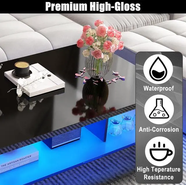Alt view image 7 of 7 - 43in Large LED Coffee Table w/ 2 Big Storage Drawers,60,000-color Lights,App Control,High Glossy Modern Black Coffee Table,Rectangle 2-Tier Center Table w/Display Shelf for Living Room