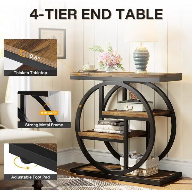 Alt view image 6 of 7 - Tribesigns End Table for Living Room, 4-Tier Narrow Side Table with Storage Shelves, Industrial Bedside Table for Bedroom, Wood Small Sofa Side Table with Geometric Metal Frame (1 PC, Rustic Brown)